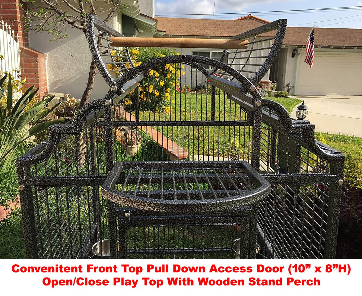 Extra Large 28x22x62H Elegant Wrought Iron Open Play Top Stand Perch Rolling Parrot Bird Cage Macaw Cockatoo Cockatiels African Grey Amazon Parrot
