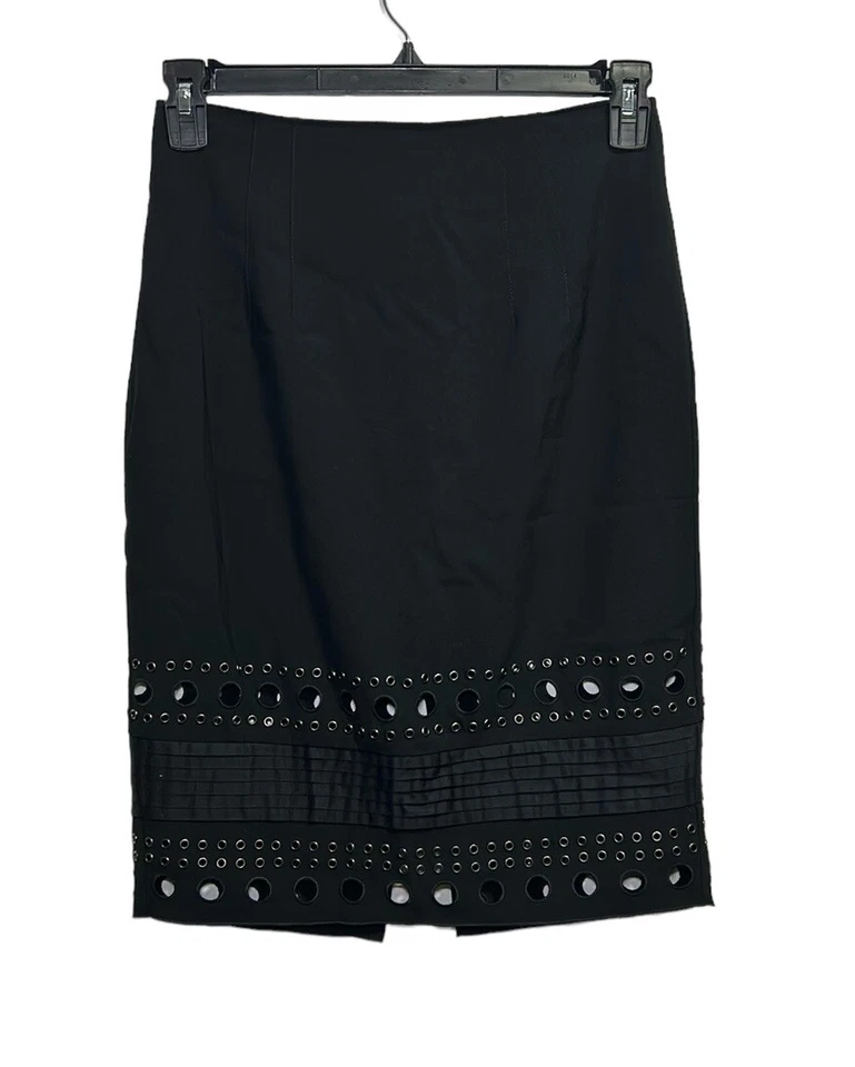 Catherine Malandrino Pencil Skirt grommets Lined Wool Blend Black Size 8 NWT