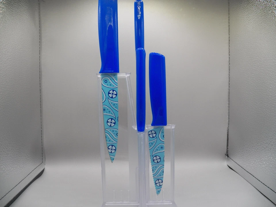 Kuhn Rikon Juego de cubiertos antiadherentes de 4 piezas y soporte para cuchillos (diseño azul cachemir) Foto 2 de 4