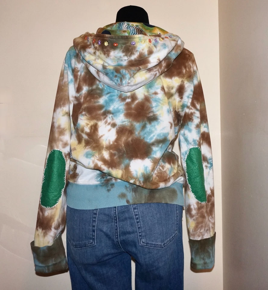 Vintage LUCKY BRAND Blue, Brown & White Tie-Dye Zip-Up Hoodie Sweatshirt LARGE - Image 4 of 4