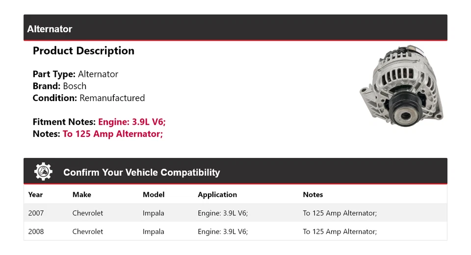 Alternador Bosch V6 3,9 L para Chevrolet Impala 2007-2008 (remanufacturado) Foto 2 de 4