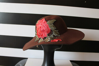 Red and Brown Floral Embroidered Hat with Wide Brim Embroidered Fedora Hat #26 Brown Lillac Flowers – Artesana Love main image 4