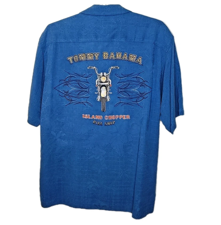 Camisa hawaiana de seda Tommy Bahama para hombre azul mediano bordada isla chopper motociclista Foto 3 de 4