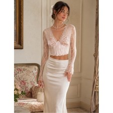 Lulus Size Small Champagne Rose Satin Lace Corset Long Sleeve Crop Top Coquette