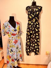 Forever 21 Navy Yellow Floral Wrap Midi Dress V-Neck Cap Sleeve Tie Size XS