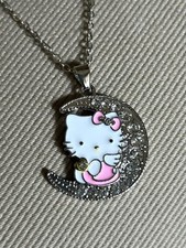  New SANRIO Pink Hello Kitty Silver Moon Pendant Necklace W/Rhinestones 