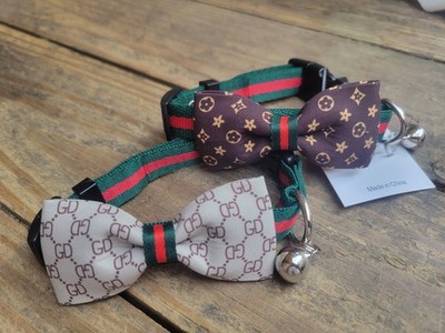 Pair of  Luxury-Inspired Dog Cat Collar with Detach Bow Tie & Bell-Gucci Style S