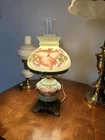 Vintage Hand Painted Hurricane Lamp Mint Green Milk Glass Floral Gone W the Wind
