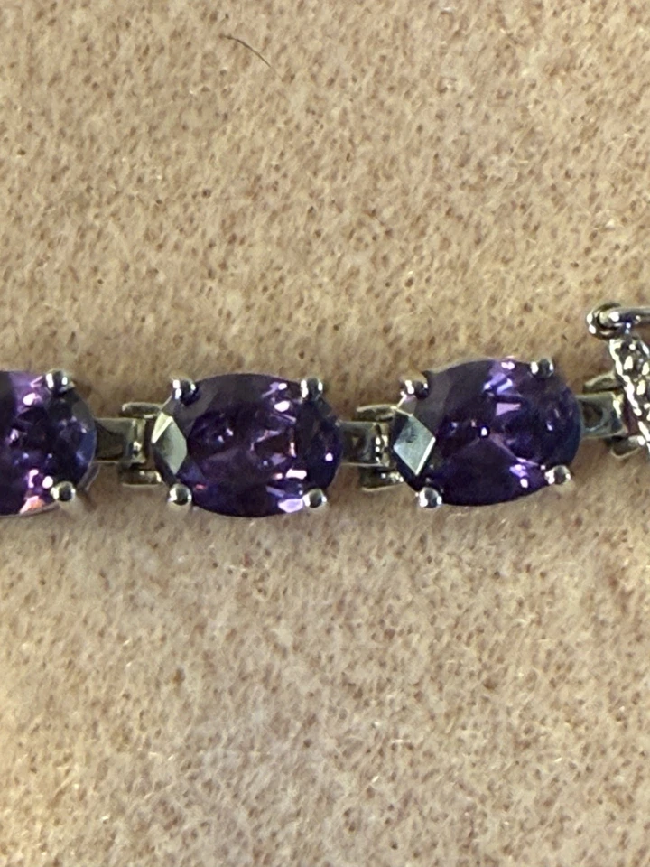 纯银椭圆形紫水晶宝石网球手链 7 1/2 — 第 2/4 张图片