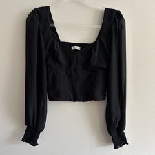 Abercrombie  Fitch Blouse Black S Chiffon Smocked Corset Long Sleeve Crop Top
