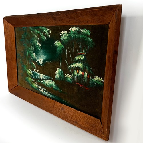 VTG Velvet Tiki Painting Moonlit Tropical Water Illuminated Hut Landscape Framed - Picture 8 of 17