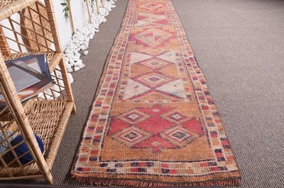 2,4x12,3 ft Turkish Rug, Vintage Runner Rug, Beige Red Handmade Wool Rug