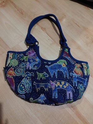 Laurel Burch Gobelin Tasche Regenbogen Katzen und Hunde Metallic Klein Stoff 