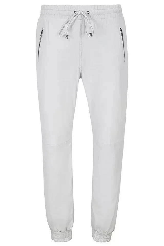 Men's White Leather Handmade Joggers Pant Genuine Lambskin Leather Stylish
