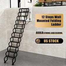 Wall Mounted Folding Ladder Black Loft Attic Stairs Pull down 12 Steps,