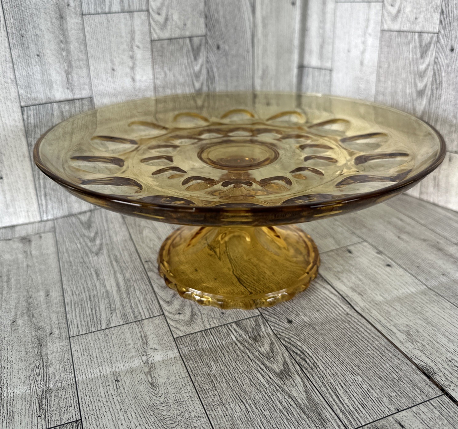 Vintage Hazel-Atlas Amber Glass Cake Stand with Thumbprint Design