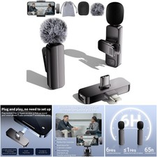 2 Pack Wireless Mini Lapel Microphone for iPhone Android 65ft Cordless Black