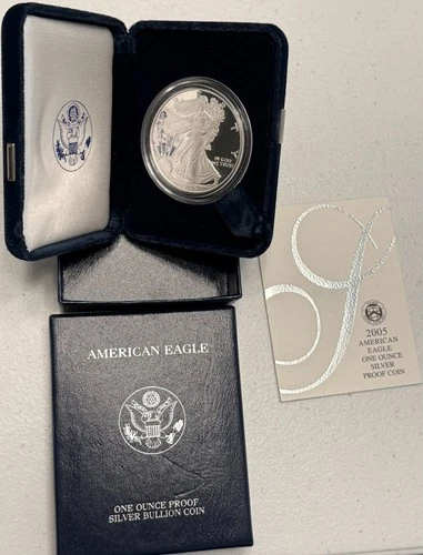 2005-W brilliant gem PROOF American SILVER EAGLE with case, box & COA. Pf ASE