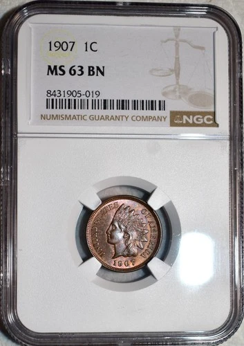 NGC MS-63 BN 1907 Indian Head Cent, Attractively Toned w/ Accents of Red.