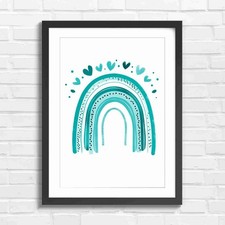 Minimalist Boho Rainbow With Hearts Teal Framed Wall Art Print Large Picture