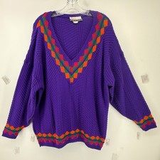 Vintage Diana Marco Purple Argyle V-Neck Knit Sweater Acrylic Made in USA L 80s