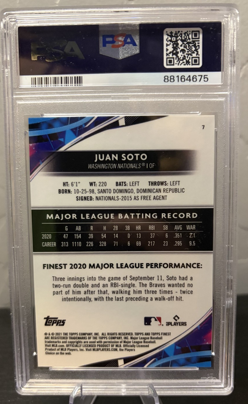 2021 Topps Finest Juan Soto #7 Rose Gold Mini Diamond Refractor 03/50 PSA 10 view 2