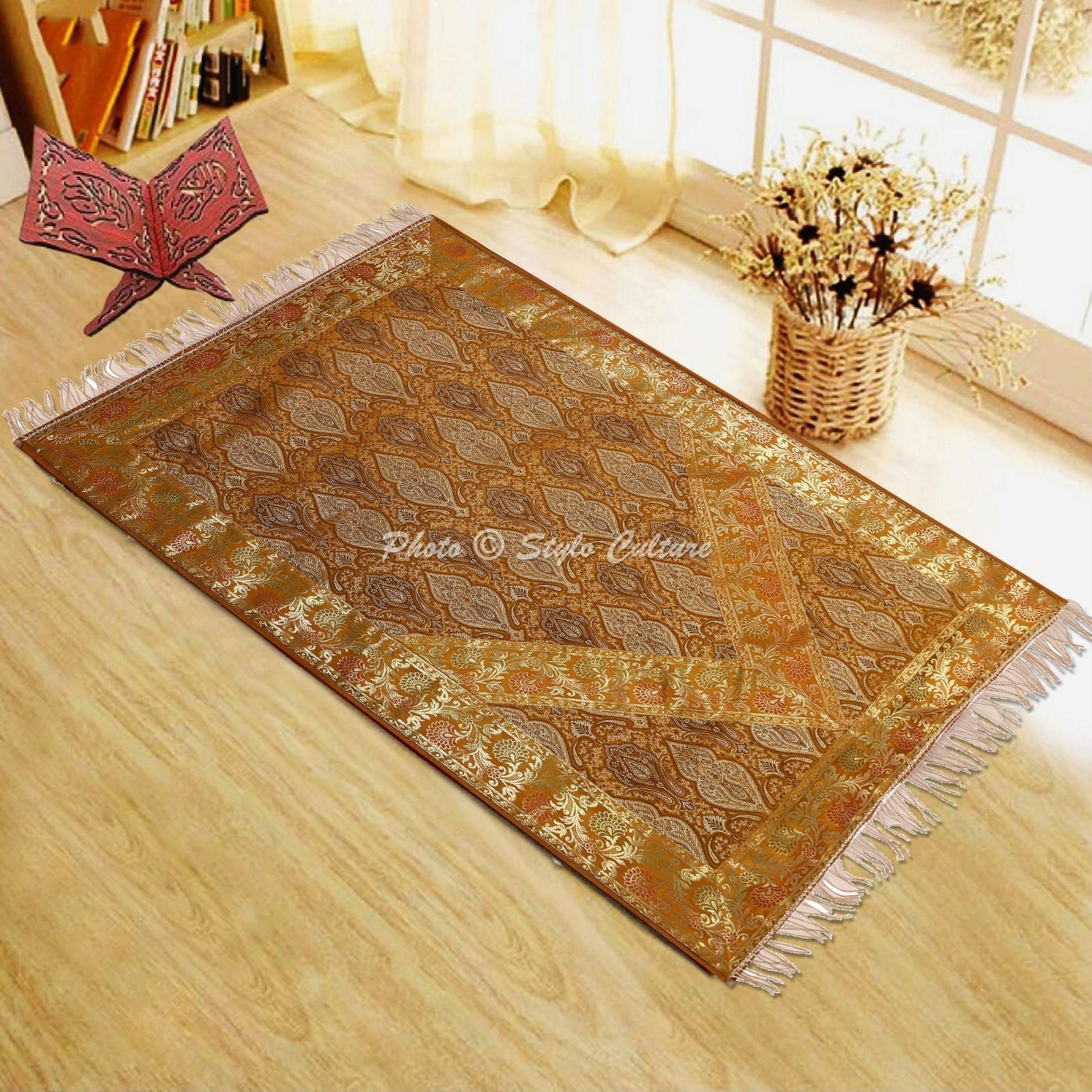 Prayer Rug Janamaz Muslim Gold Golden Lace Sajadah Mat Ramadan Brocade Jacquard