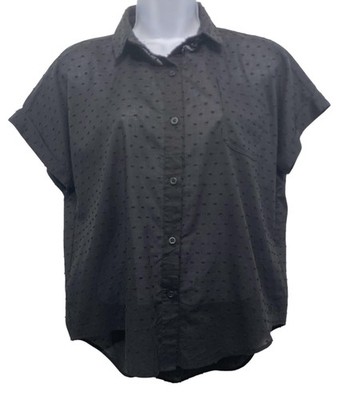Albion Shirt Womens XS Black Textured Dobby Button Up Collared Short Sleeve Top
