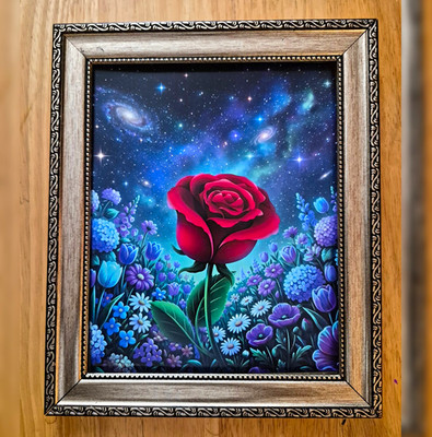 Framed Surrealism Painting Red Rose & Flowers in Starry Galaxy Space Scene