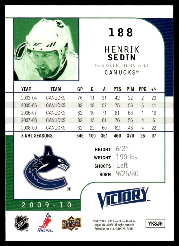 2009 Upper Deck Victory #188 Henrik Sedin - Vancouver Canucks - HOF - Image 2 of 2