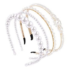 4 Pack Faux Pearl Headbands, Thin Bridal Hairccessories for Party, Wedding - A