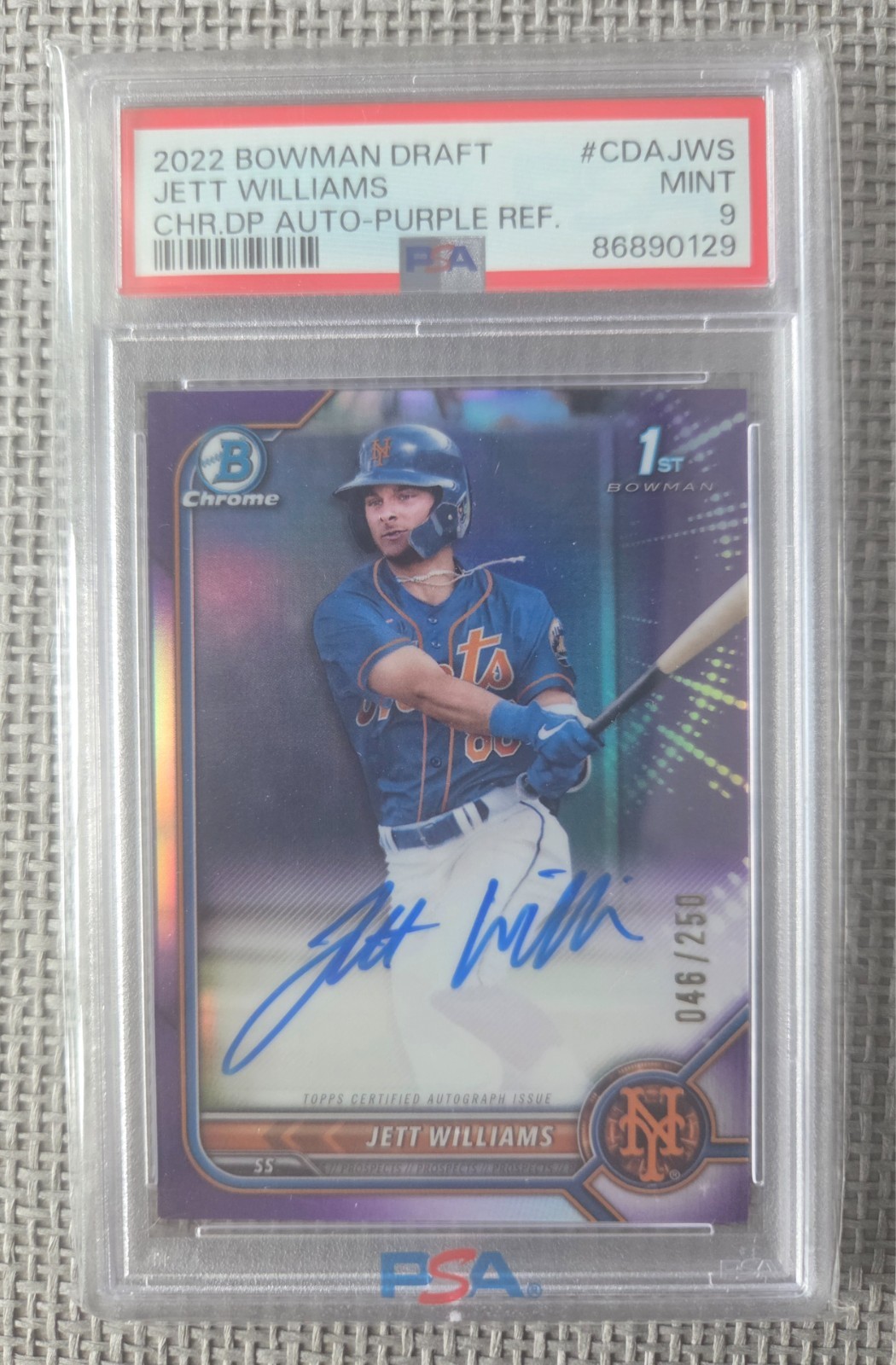 Jett Williams 2022 1st Bowman Draft Chrome Auto/250 Purple Refractor-PSA 9 Mint
