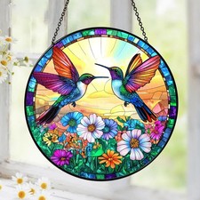 Couple Hummingbird Suncatcher Stained Glass Window Hanging Decor