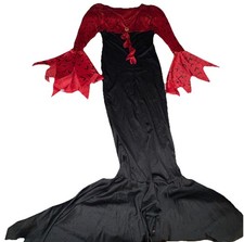 BLACK Red Witch Evil Queen Long Sexy DRESS Morticia V Neck Women’s S, Polyester