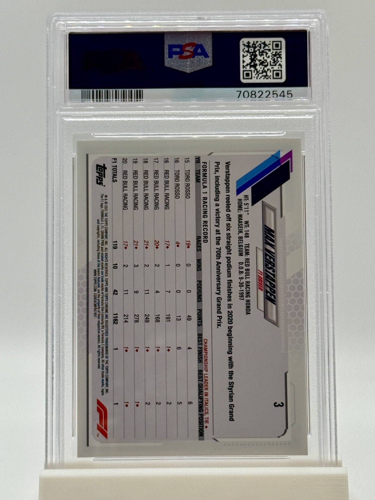 2021 Topps Chrome F1 MAX VERSTAPPEN 3 PSA 10 GEM MT view 2
