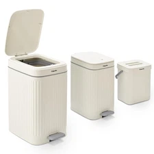 3 Pack Slim Bathroom Trash Cans with Lids 3.7 Gal Soft Close Step Wastebasket