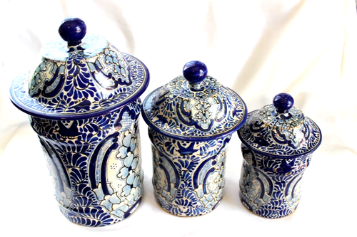 Vintage set /3 Uriarte Talavera Mexican Ceramic Jar canisters blue white - Picture 10 of 14