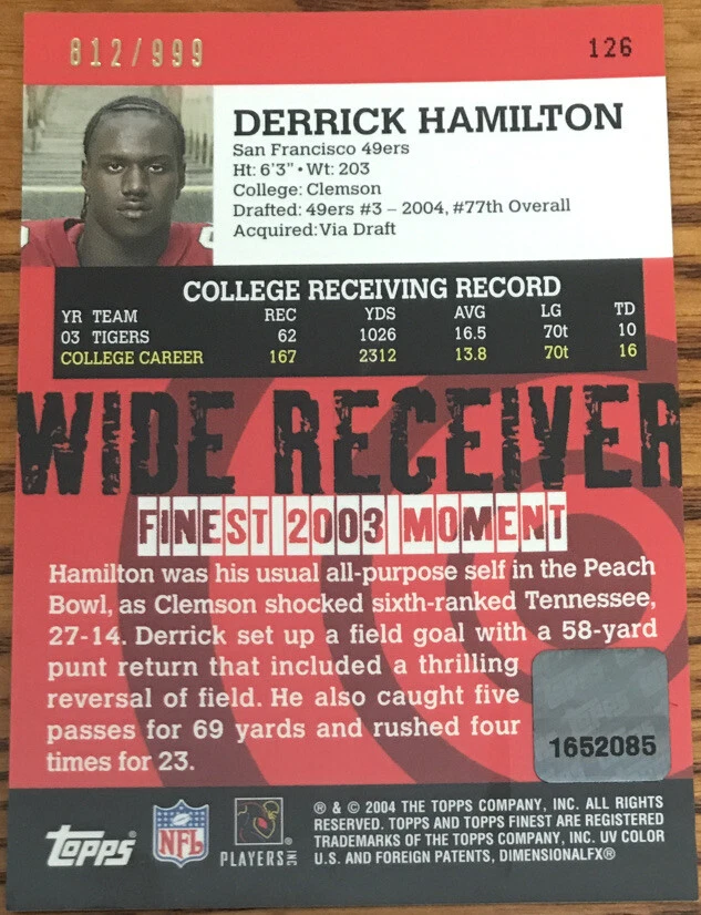 2004 Topps Finest Rookie Autograph Derrick Hamilton #126 #’d 812/999 - Image 2 of 2