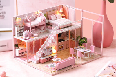 DIY Pink Wooden Dollhouse Miniature Furniture Kit Handmade Mini - Main Image