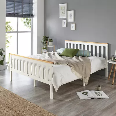 Aspire Beds Solid Wood White Bed Frame Choice of Natutral Wood Tops All Sizes