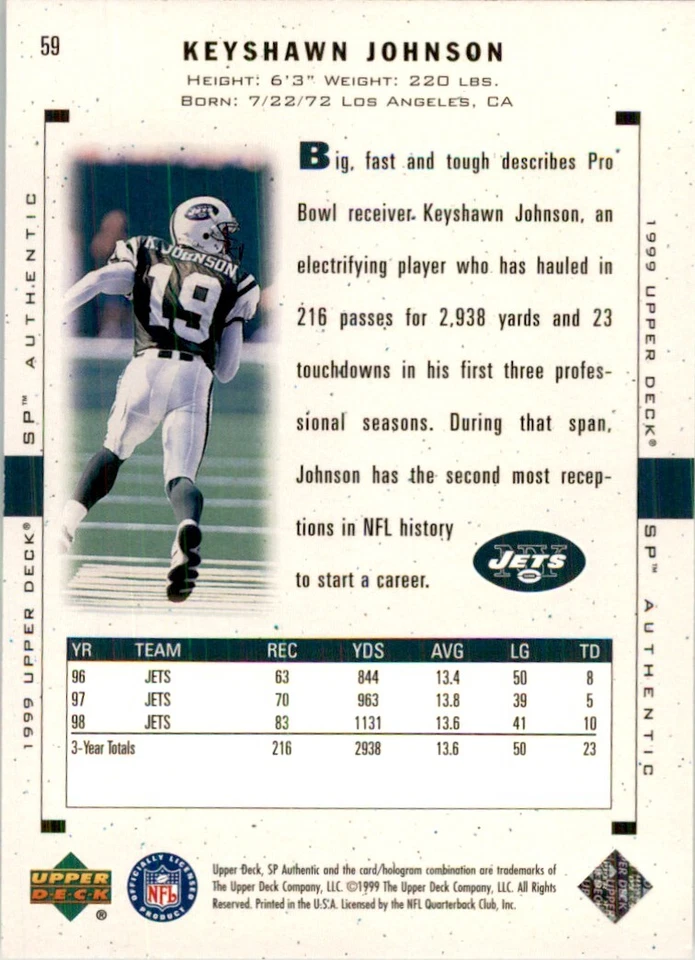 1999 Upper Deck SP Authentic Keyshawn Johnson Football Cards #59 - Image 2 of 2