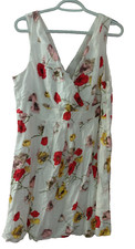 Lands End Tropical V-neck White Floral Print Lined Midi Dress Size 16