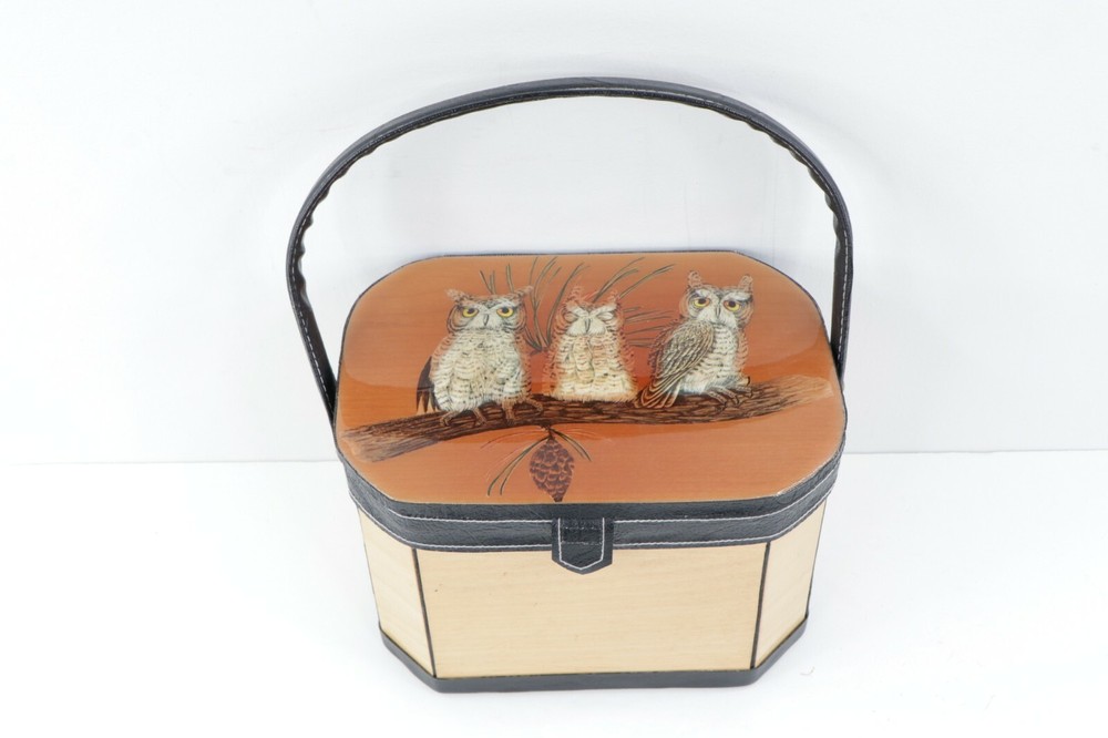 Vtg 70s Mid Century Modern MCM Wood Leather Handle Owl Vanity Case Makeup Bag - Thumbnail 2