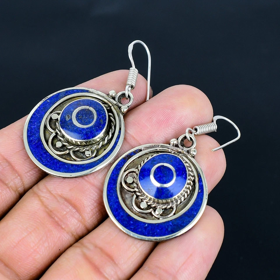 Orecchini Tibetani In Argento Sterling 925 Con Lapis Lazuli Per Regali D'Amore - Immagine 3 di 4