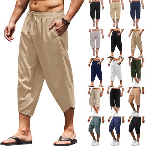 LNWUY Men's Solid Long Linen Shorts Linen Capri Pants Casual Summer Drawstring Beach Shorts Below Knee Length Gym Yoga Pants White M - View #2