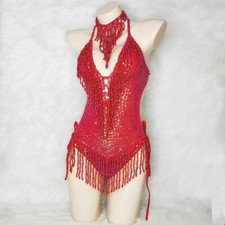 Red Sequins Bead Tassels One Piece Bodysuit Stage Club Dance Performance Costume
