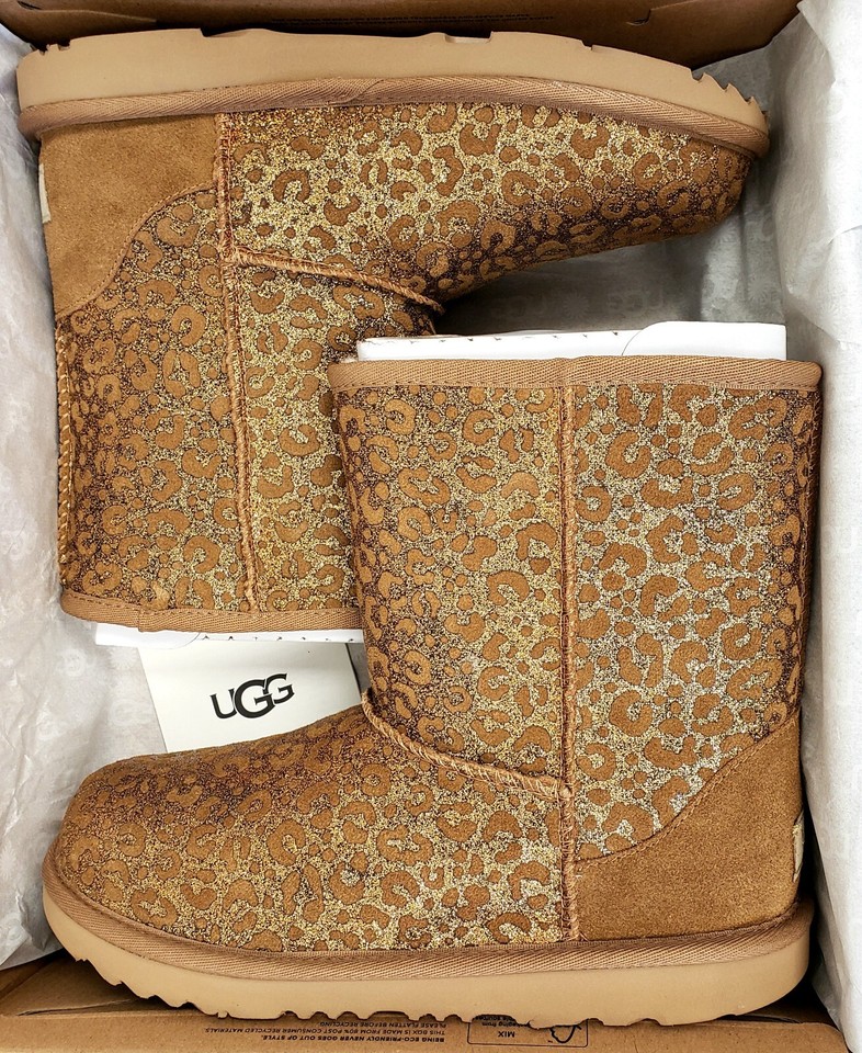 UGG Toddler Girls Classic II Glitter Leopard Suede Wool Lined Boot US 6