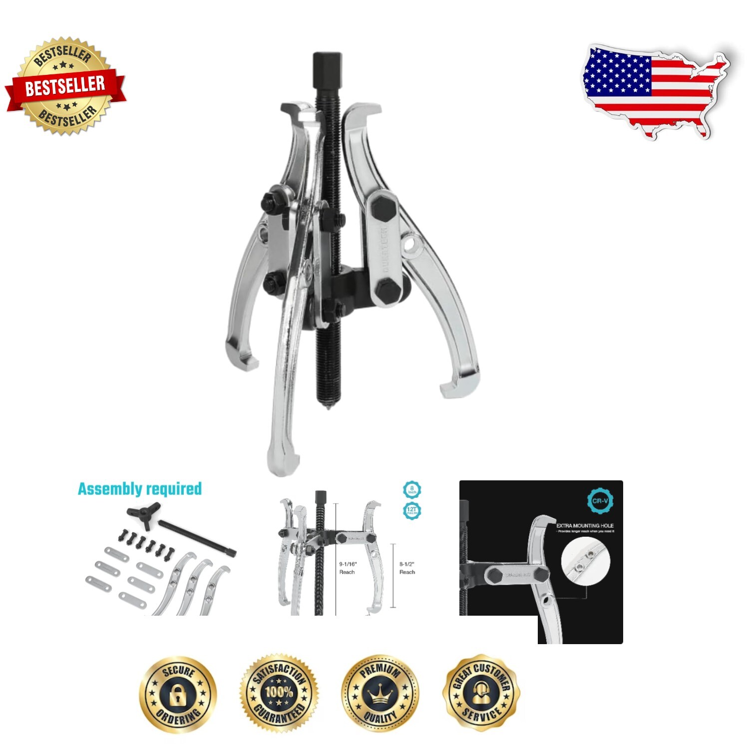 Versatile 8-Inch 3-Jaw Gear Puller - Heavy-Duty Tool for Gears and Bearings