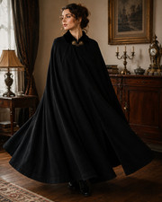 Antique Edwardian Wool Cape Cloak 48" L Velvet Collar Lions Head Clasps Unisex