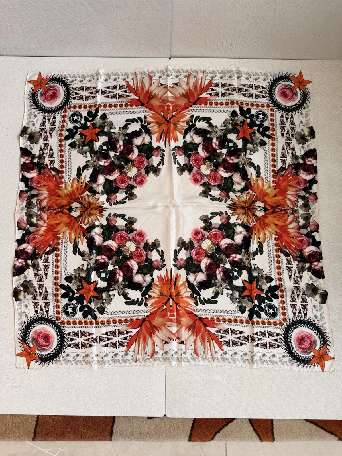 Givenchy Birds Of Paradise Silk Satin Multicolor Floral Print Square Scarf